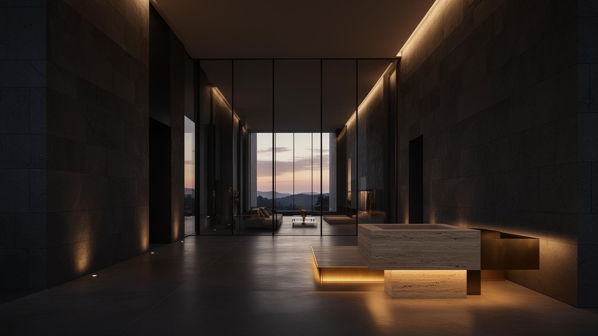 Cinematic luxury architectural interior with stone, lighting and glass